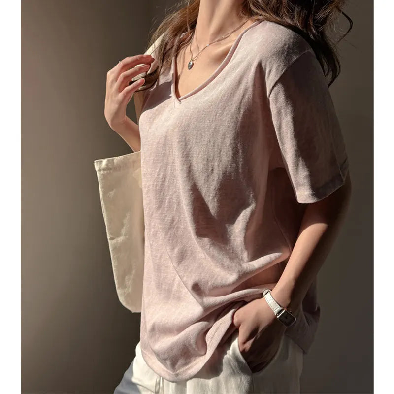 Solid Color V-Neck Dropped Shoulder Loose Fit T-Shirt