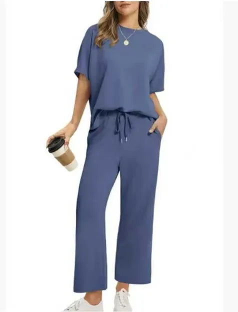Solid Crew Neck Short Sleeve Top & Elastic Waist Wide Leg Pants