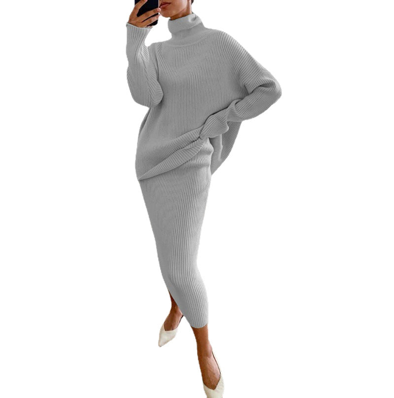 Brown Ribbed Knit Turtleneck & Midi Skirt Set