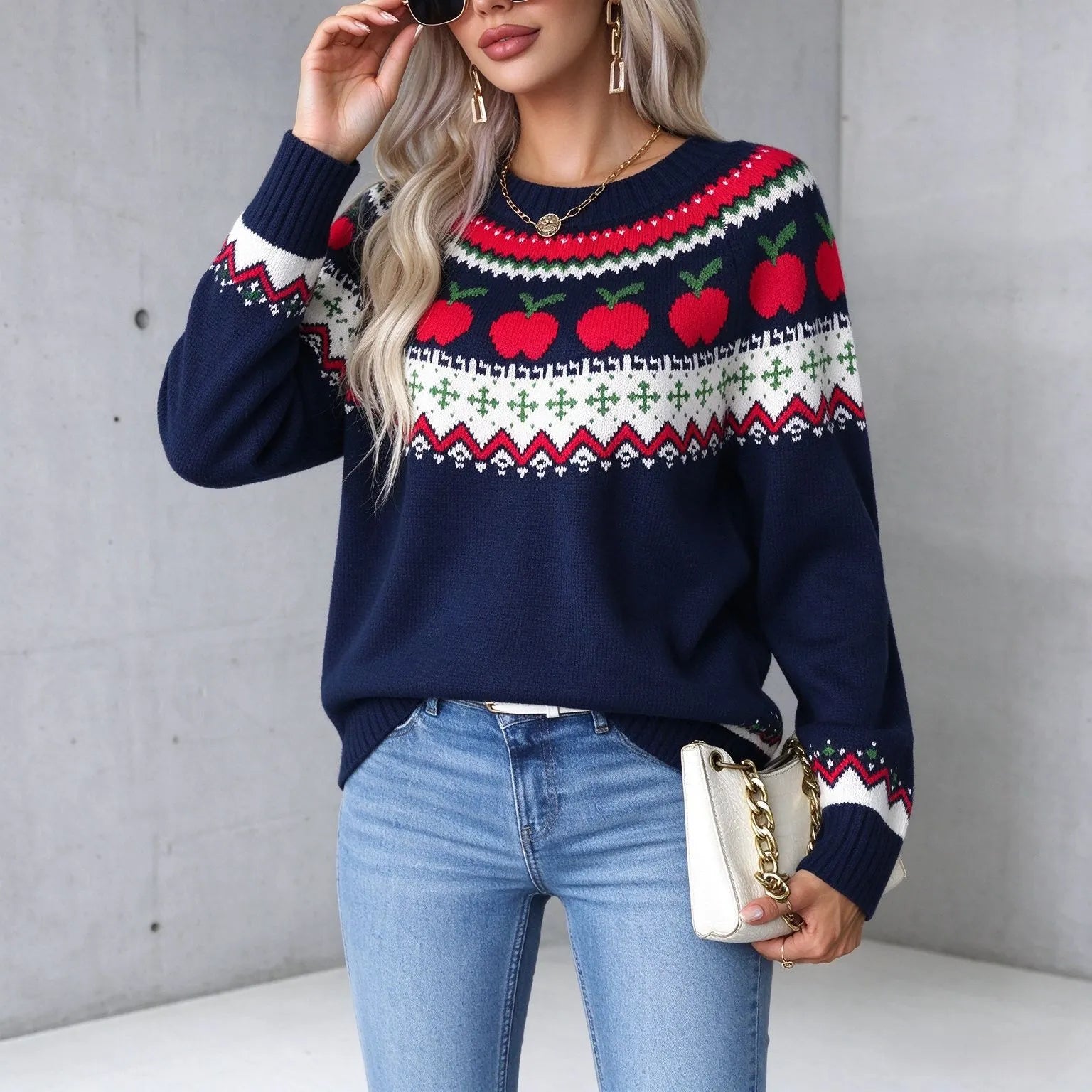 Christmas Cartoon Print Round Neck Pullover Sweater