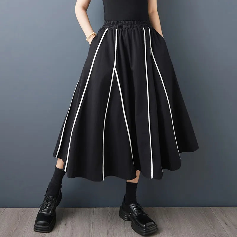 Elastic Waist Striped A-Line Midi Skirt