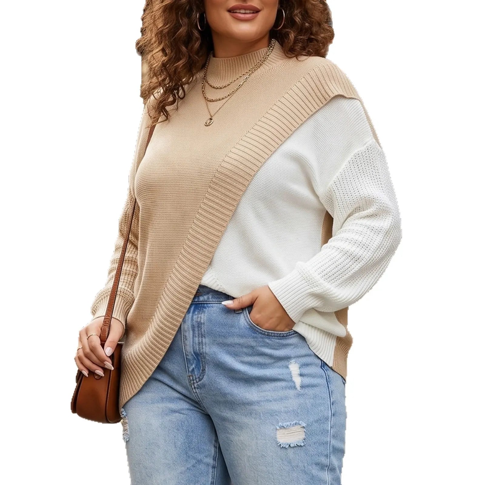 Curvy Color Block Knit Top Mock Neck Asymmetrical Hem Loose Fall c