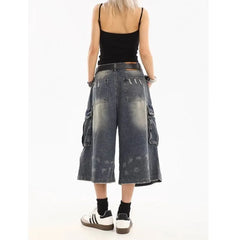 Multi Cargo Pocket Gradient Washed Cropped Baggy Jeans