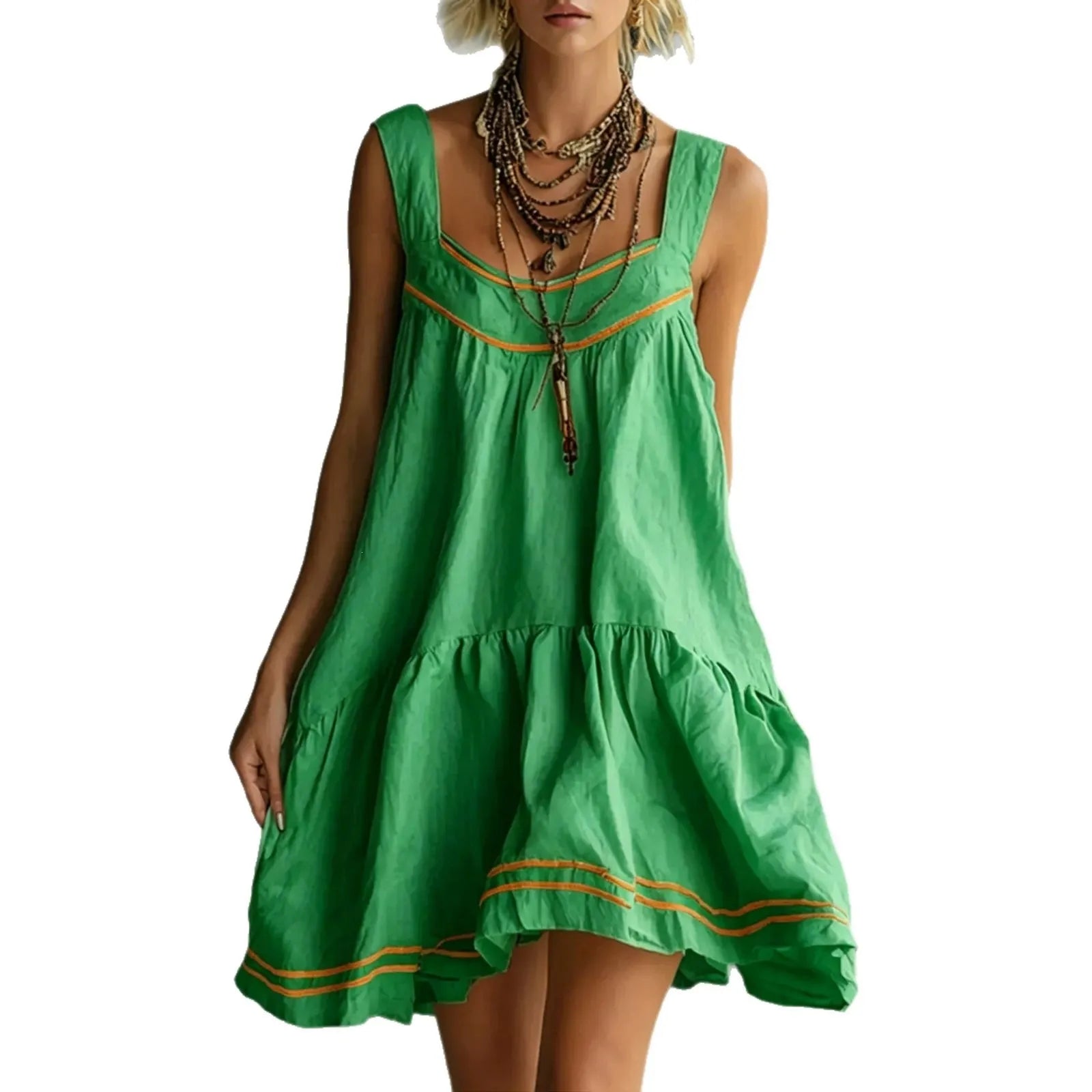 Color Stripe U-Neck Sleeveless Loose Tiered Ruffle Mini Sundress