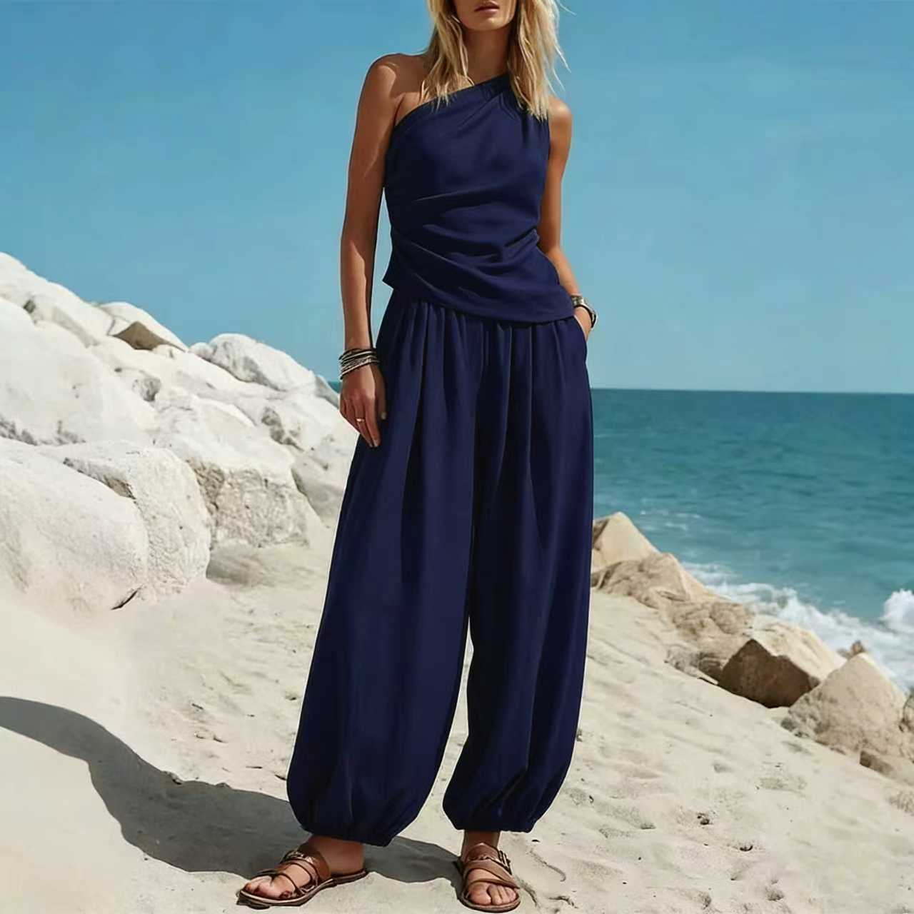 2 Piece Outfit, One Shoulder Ruched Tank Top and Loose Harem Pants Set