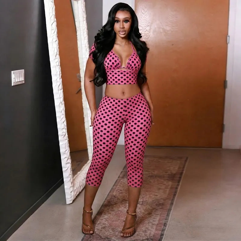 Polka Dot Halter Cutout Crop Top & Capri Pants Two Piece Set
