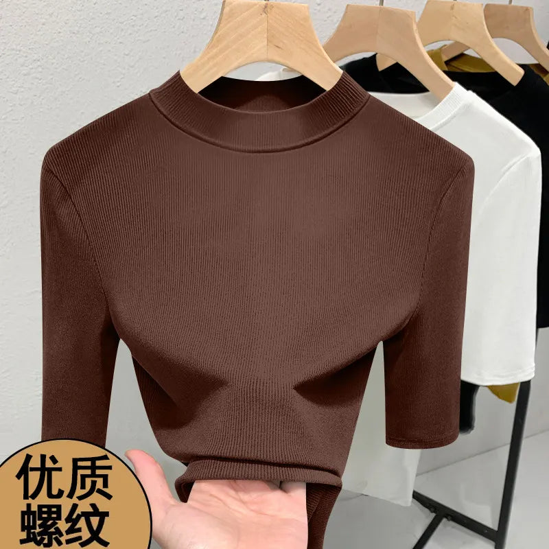 Solid Color Half High Neck Medium Sleeve Slim Fit T-Shirt