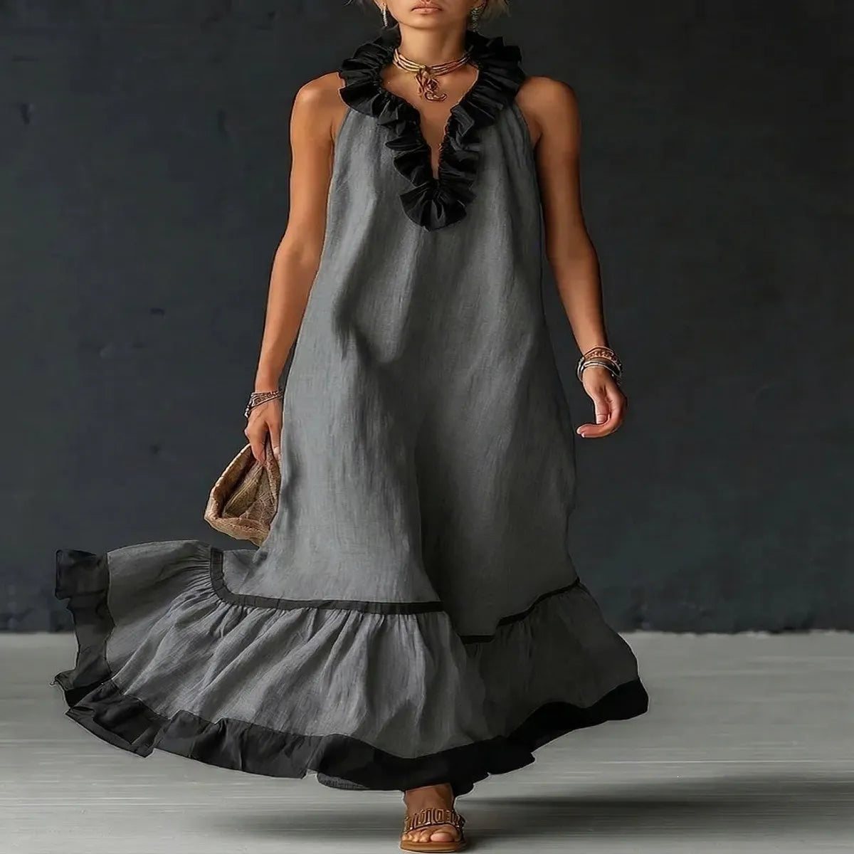 Contrast Ruffle V-Neck Sleeveless Maxi Dress