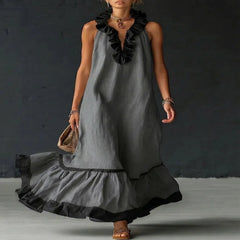 Contrast Ruffle V-Neck Sleeveless Maxi Dress