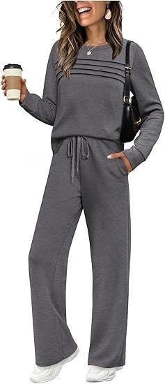 Dark Grey Pleated Detail Top & Drawstring Wide Leg Pants Two Piece Loungewear Set