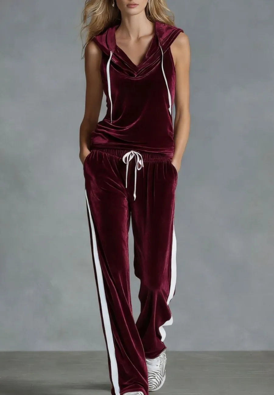 Velvet Sleeveless Hoodie and Wide Leg Pants 2 Piece Set