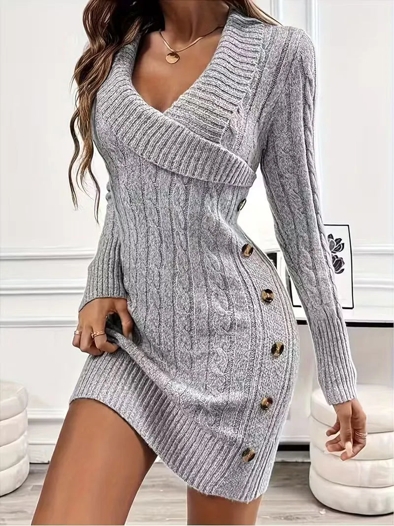 Wrap V Neck Cable Knit Sweater Dress