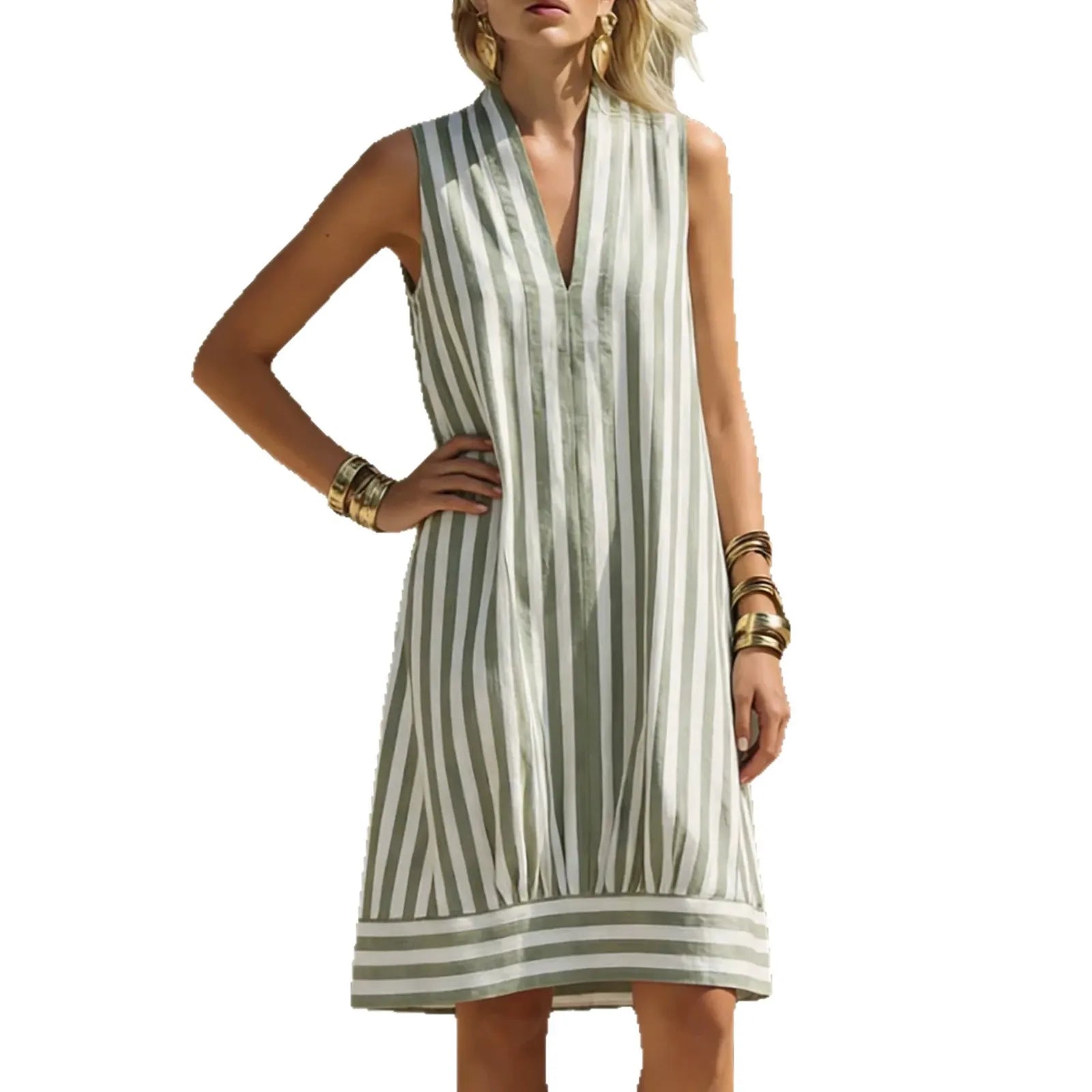 Sleeveless Stand Collar Half Placket Vertical Stripe Loose A-Line Midi Dress