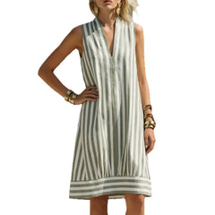 Sleeveless Stand Collar Half Placket Vertical Stripe Loose A-Line Midi Dress