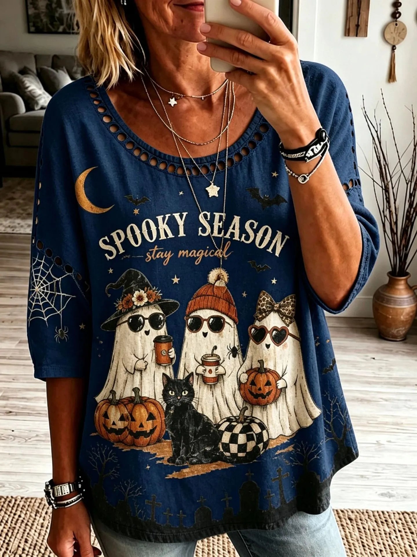 Halloween Spooky Season Ghost Pumpkin Print Crew Neck Short Sleeve T‑Shirt
