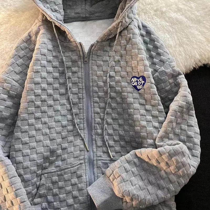 Waffle Textured Grid Heart Patch Zip Up Hoodie Loose Casual Sweatshirt
