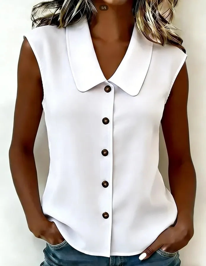 Solid Color Sleeveless V-Neck Button Down Blouse