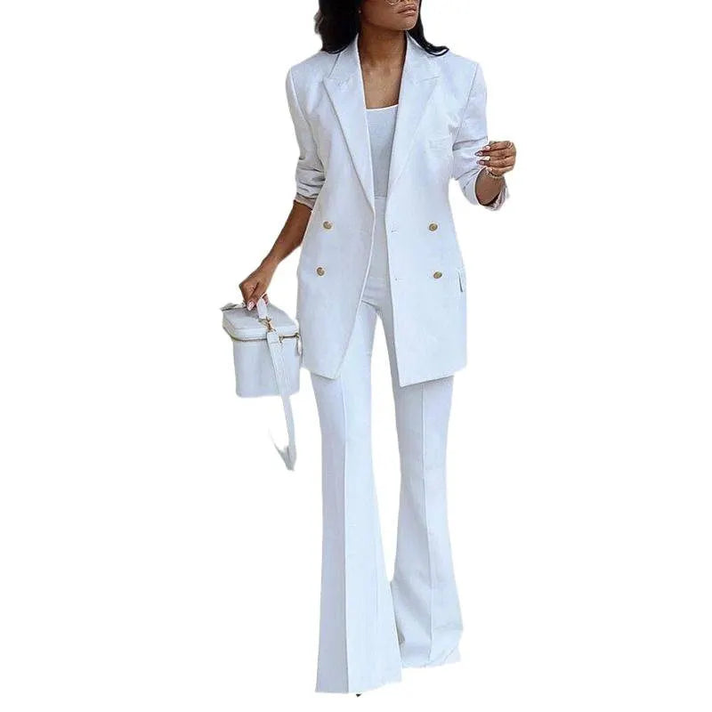 Double Breasted Blazer & High Waist Flared Pants Two Piece Commuter Suit Set