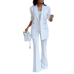 Double Breasted Blazer & High Waist Flared Pants Two Piece Commuter Suit Set
