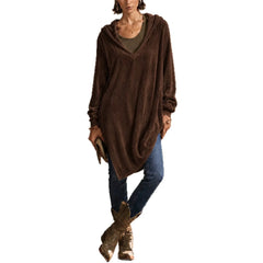 Loose Fit Corduroy V-Neck Hooded Long Sleeve Tunic Top