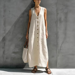Solid V-Neck Sleeveless Button Front Casual Maxi Dress
