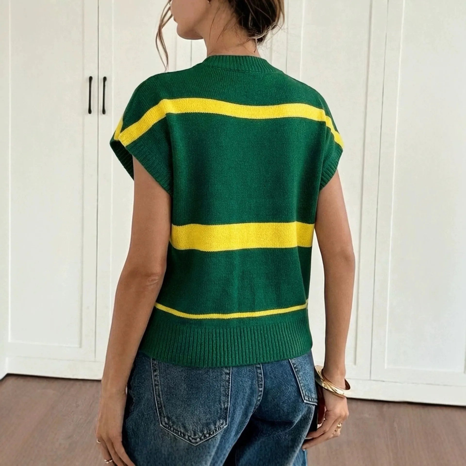 Brazil Flag Embroidered Round Neck Sleeveless Knit Sweater Vest