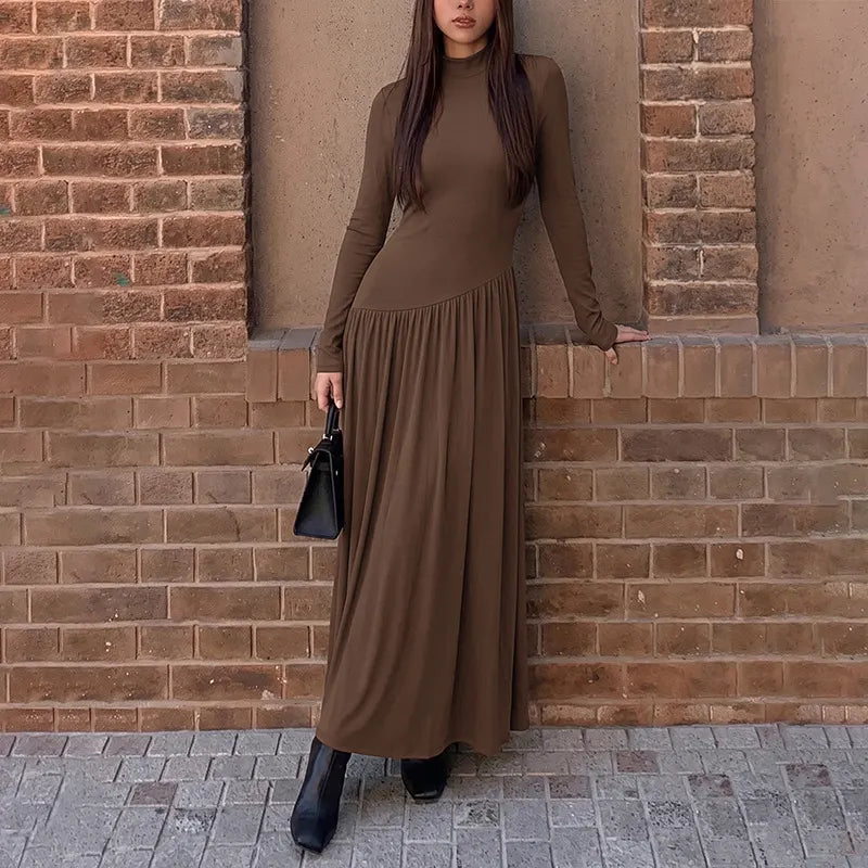 Brown Ribbed Mock Neck Long Sleeve Maxi Dress | Fitted Bodice Pleated Flowy Long Dress