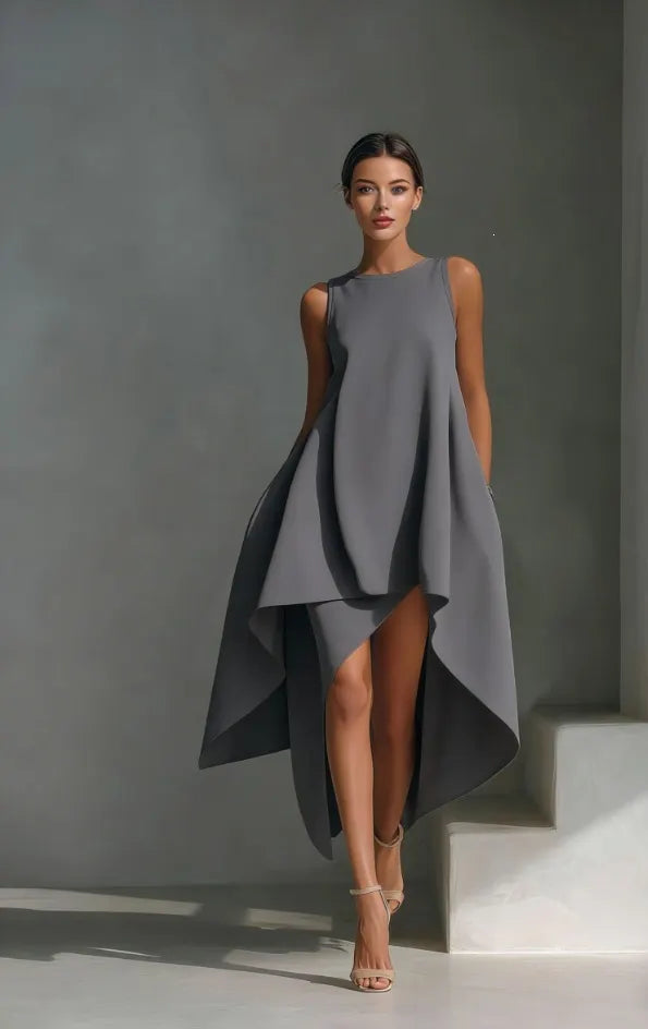 Round Neck Sleeveless High Low Linen Midi Dress