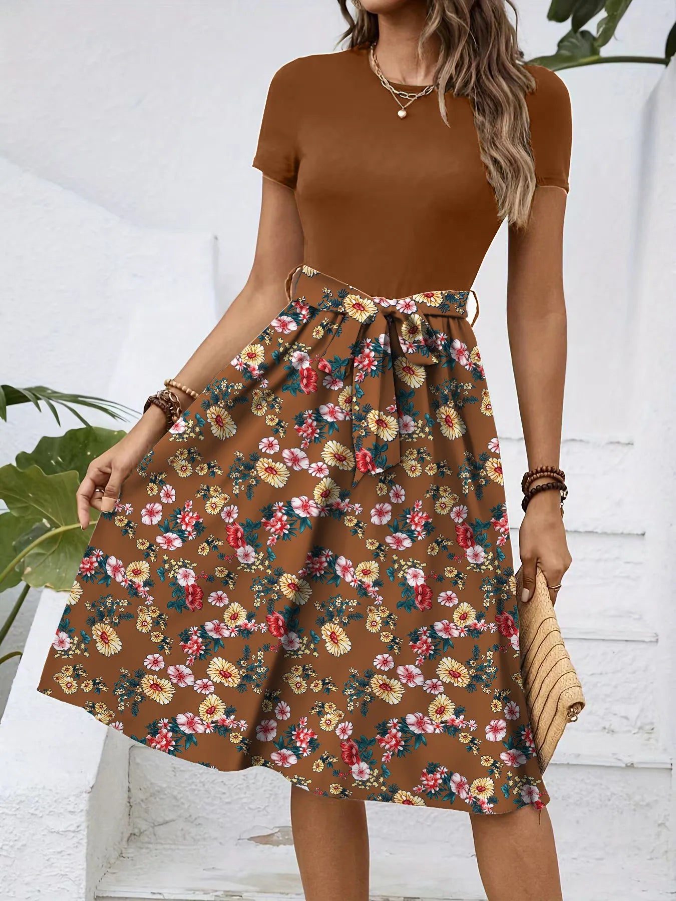 Color Block Floral Tie Waist A-Line Midi Dress Round Neck Short Sleeve Elegant Campus Daily Dress