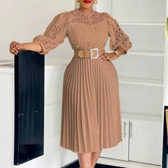 Lace Patchwork Pleated Midi Dress