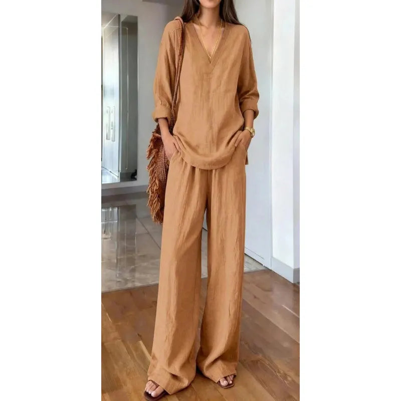 Solid V-Neck Long Sleeve Top & Wide Leg Pants Two-Piece Set