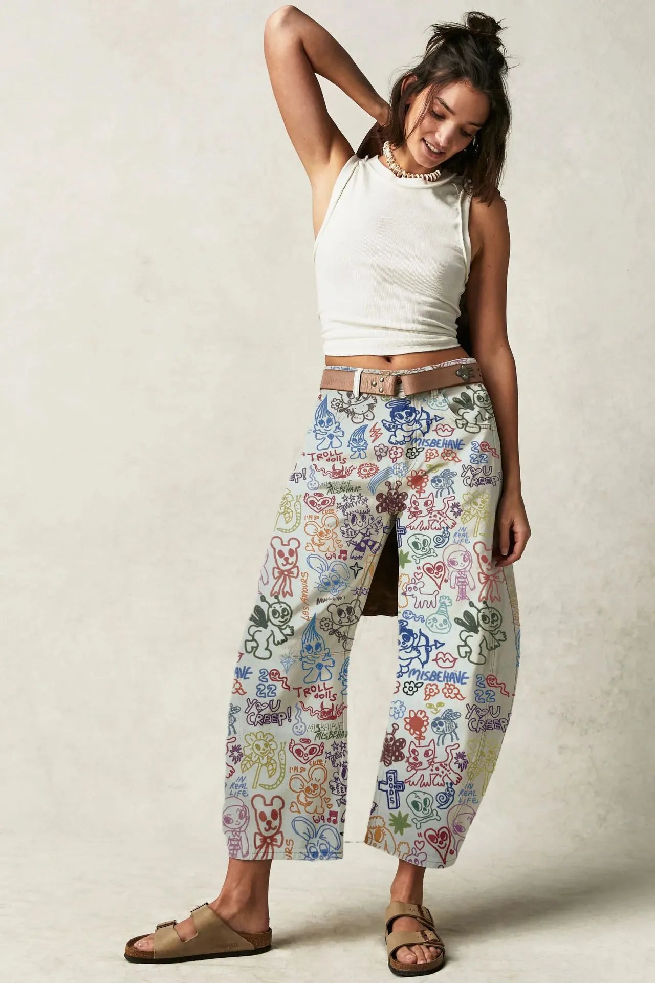 Heart Print Loose Wide Leg Casual Denim Pants