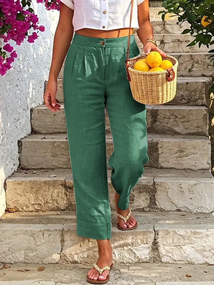 Beige Linen Pleated High Waist Cuffed Straight Crop Pants
