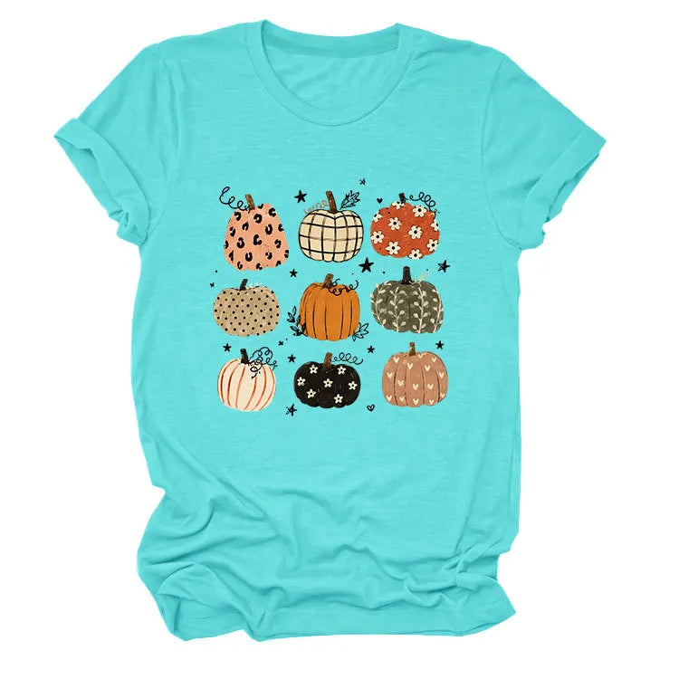 Leopard Floral Plaid Pumpkin Casual Short Sleeve Tee