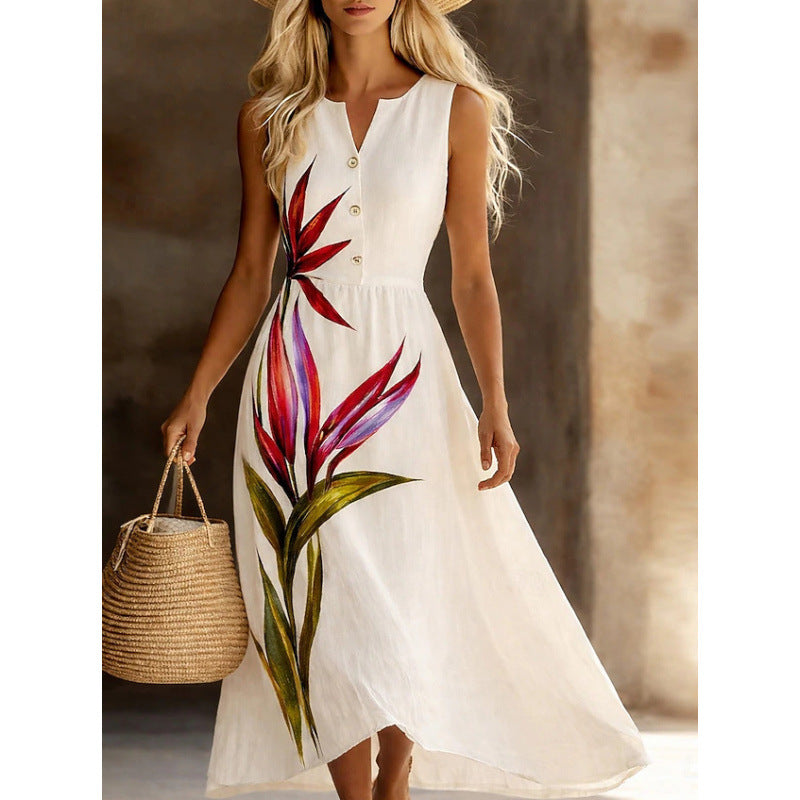 3D Floral Print Notched V-Neck Sleeveless A-Line Maxi Dress