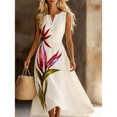 3D Floral Print Notched V-Neck Sleeveless A-Line Maxi Dress