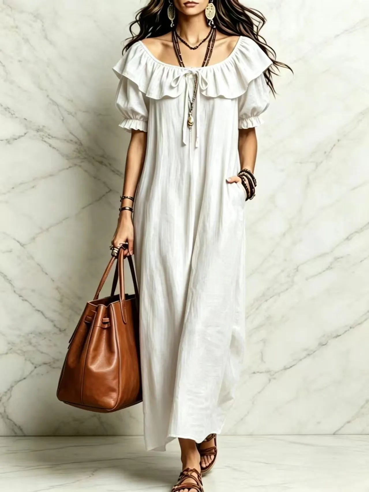 Ruffle Neck Puff Sleeve Maxi Dress