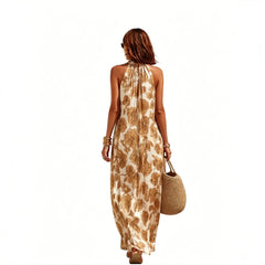 Halter Neck Floral Print Satin Maxi Dress