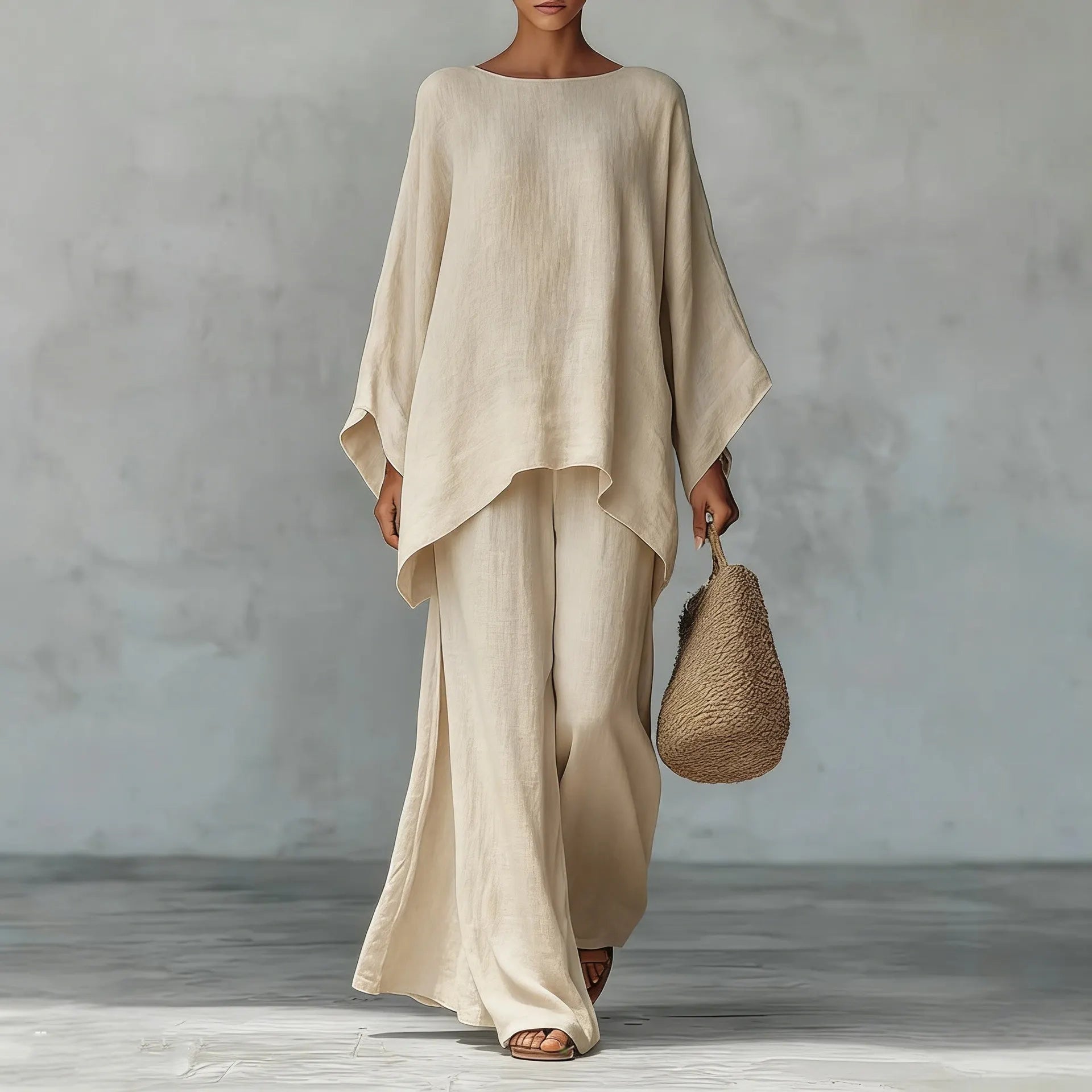 White Linen-Blend Oversized Top & Wide-Leg Pants Set
