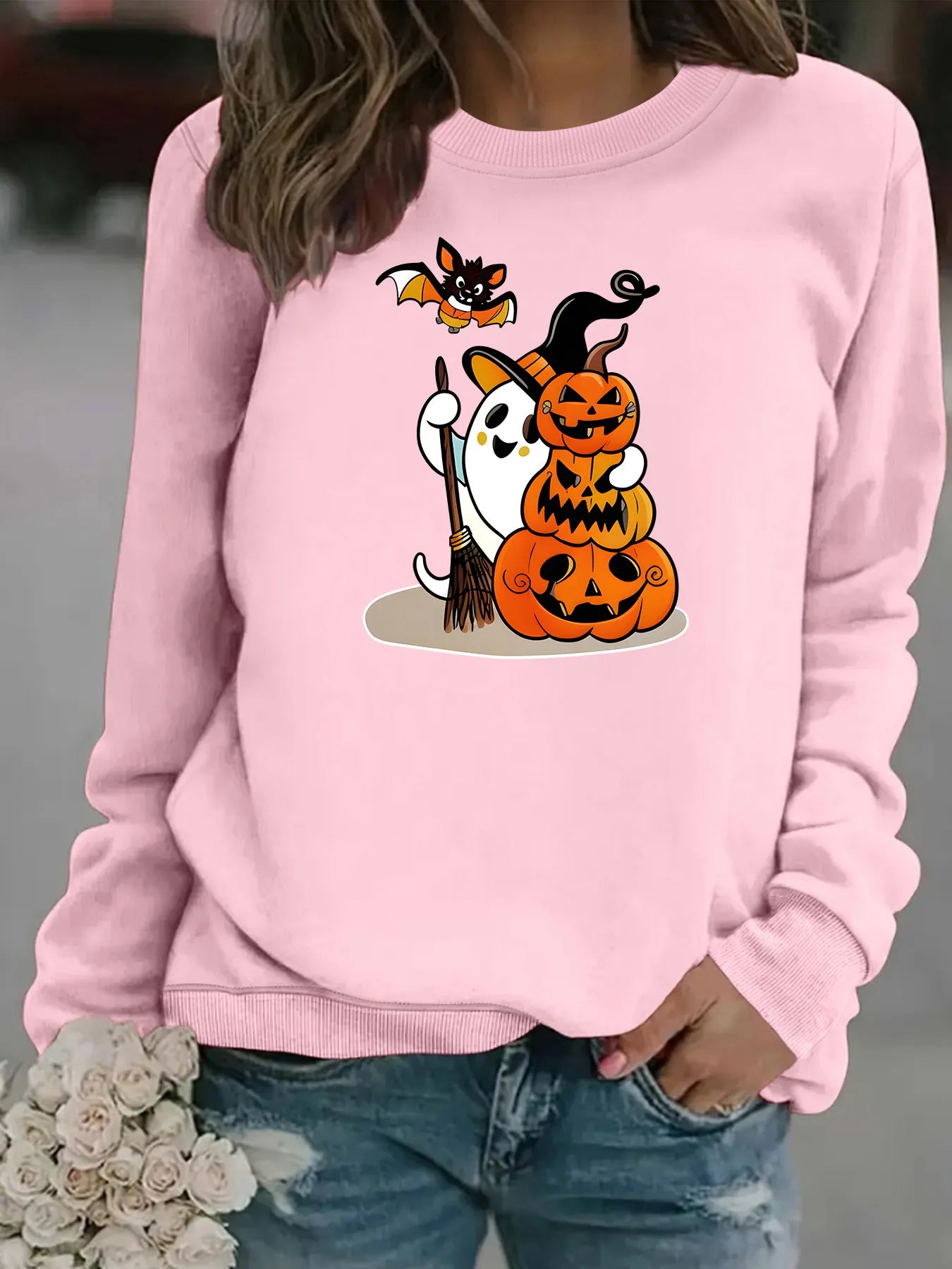 Halloween Ghost Pumpkin Bat Graphic Sweatshirt