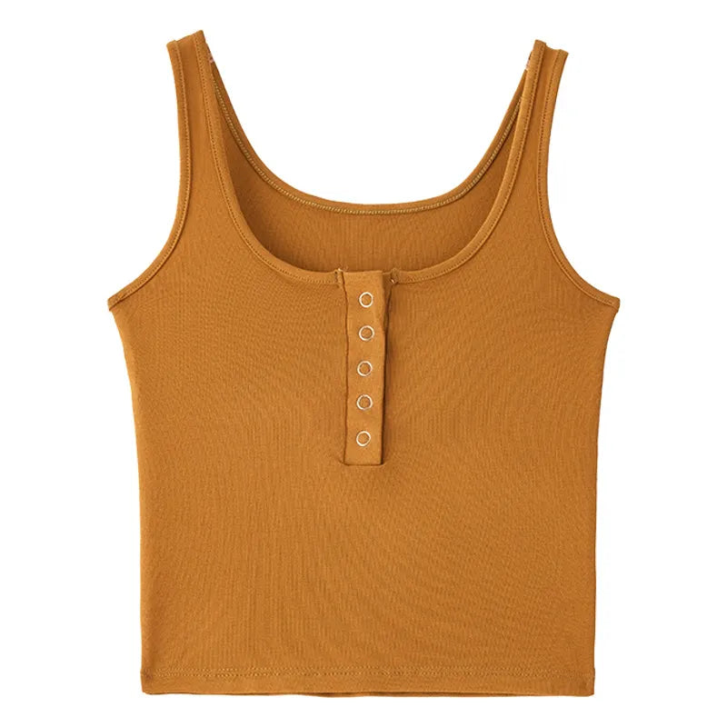 Square Neck Half Button Front Ribbed Fitted Tank Top