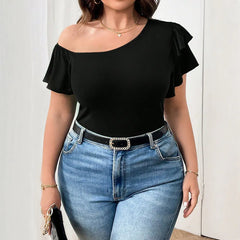Plus Size Black Asymmetrical Neck Blouse