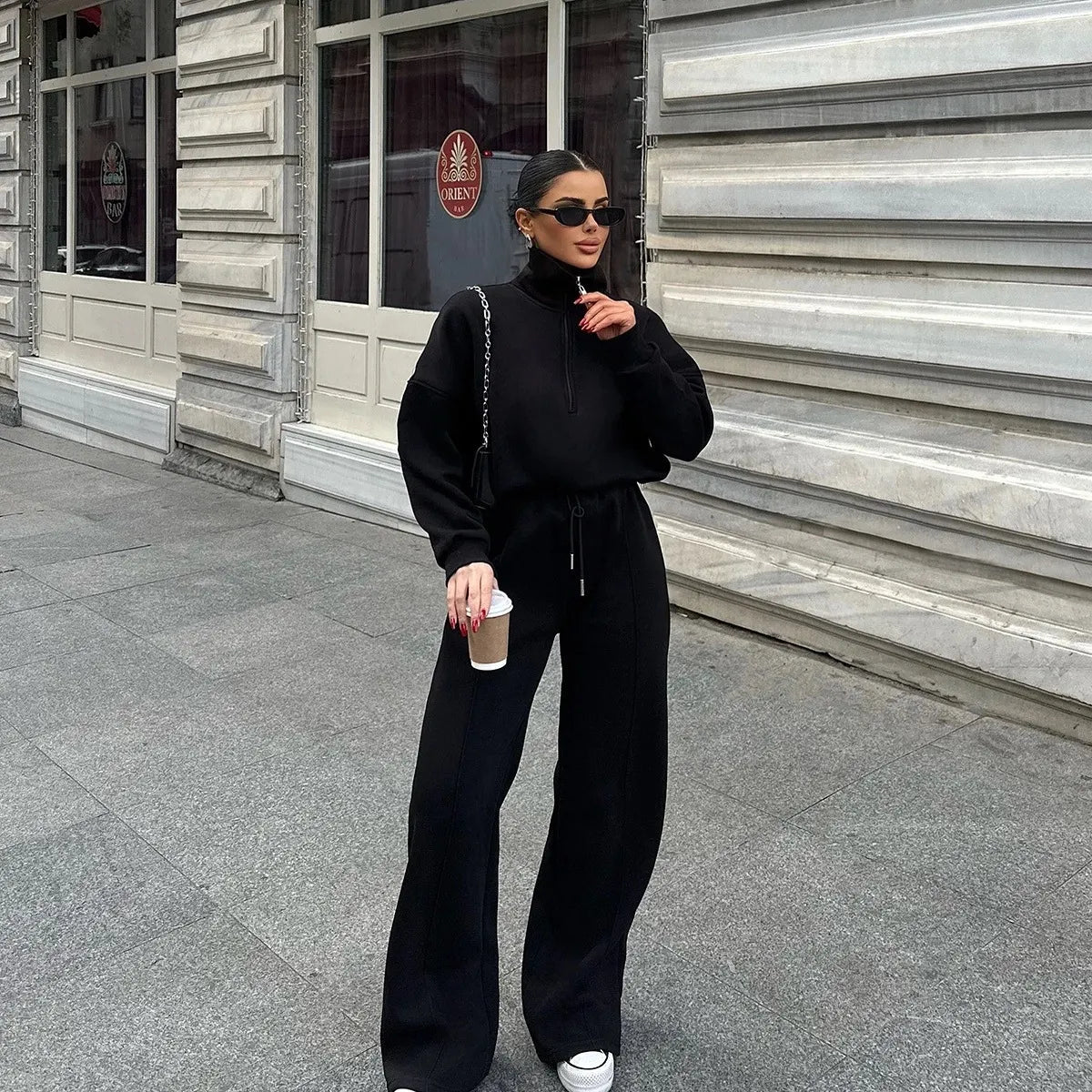 Half Zip Collar Oversized Sweatshirt & Wide Leg Sweatpants 2 Piece Loungewear Set