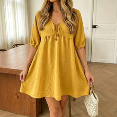 Lace-Up V-Neck Puff Sleeve A-Line Mini Dress