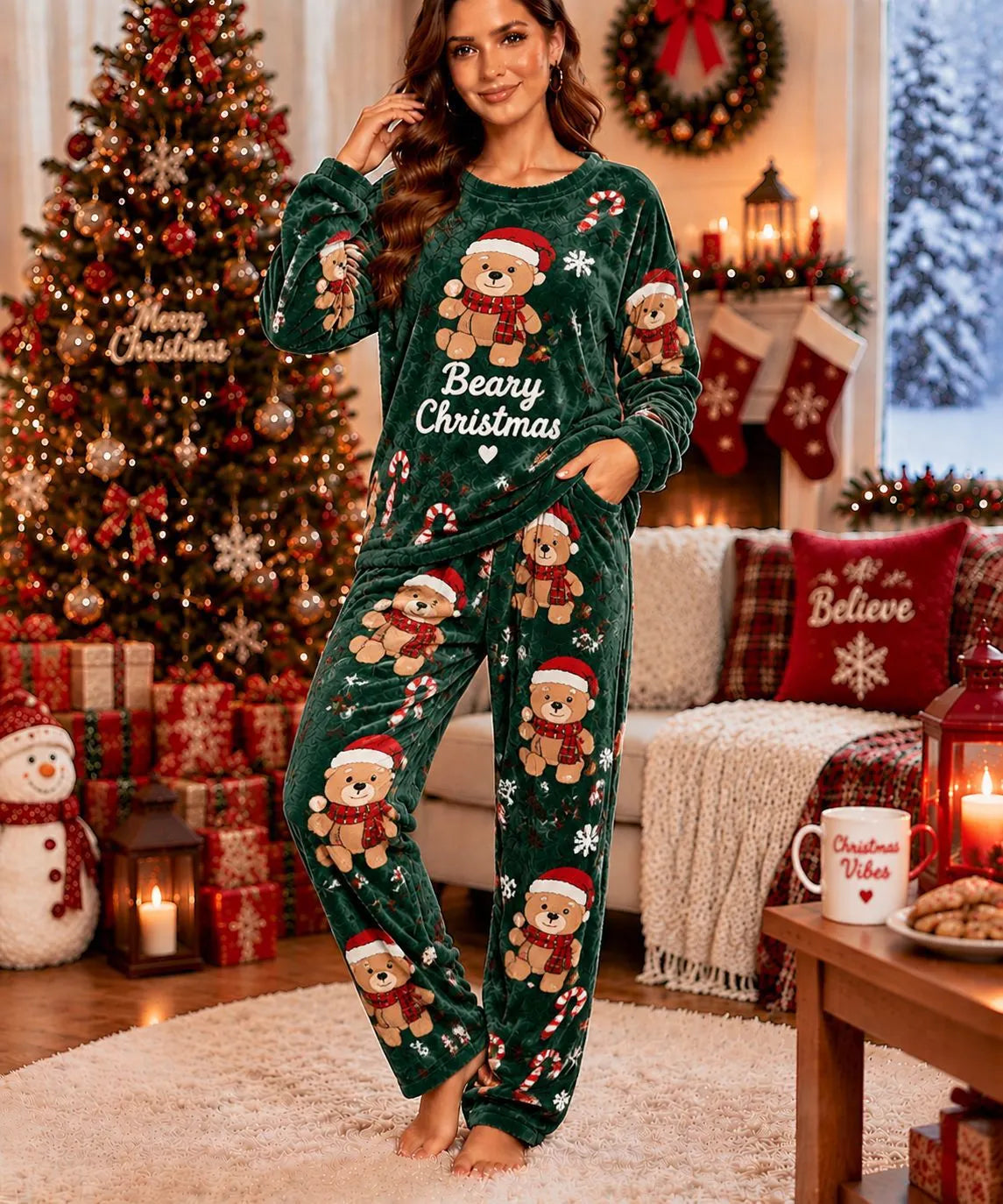 Cute Christmas Snowman Fleece Loungewear Set Round Neck Long Sleeve Top & Elastic Waist Full Length Pants