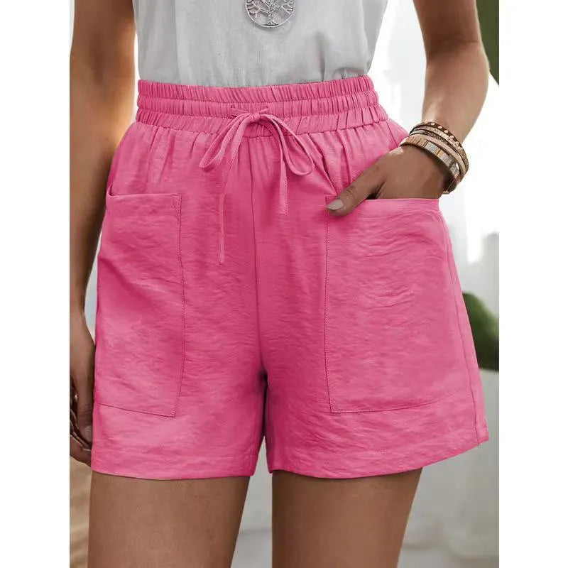 Solid Color Elastic Waist Drawstring Pocket Detail Wide Leg Shorts