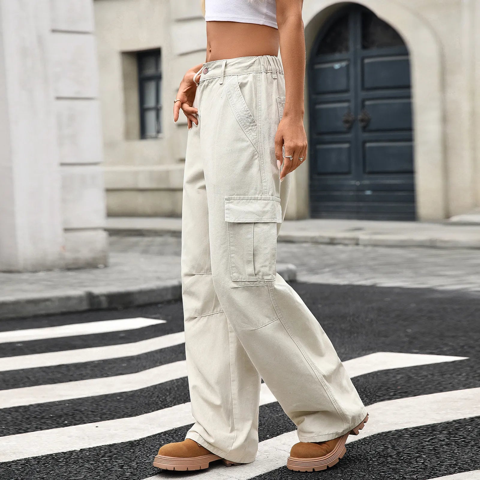 Mid-Rise Solid Color Denim Wide Leg Cargo Workwear Jeans