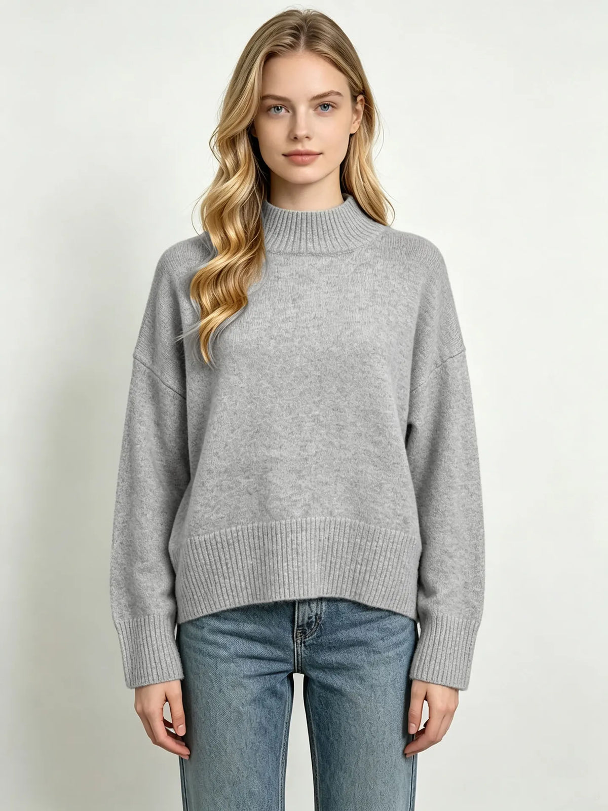 Semi Turtleneck Solid Color Knit Pullover Sweater