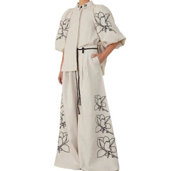 Womne's Floral Embroidery Linen Shirt & Wide Leg Pants 2 Piece Set