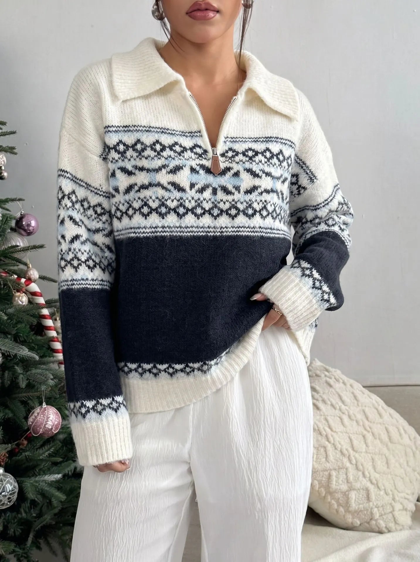 Retro Fair Isle Knit Sweater, Half Zip Lapel Collar Winter Pullover